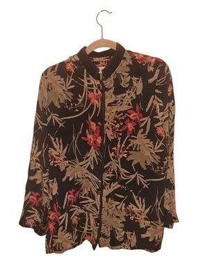 Bella Canvas Black Floral Zip-Front Blouse with Olive and Red Botanical Print